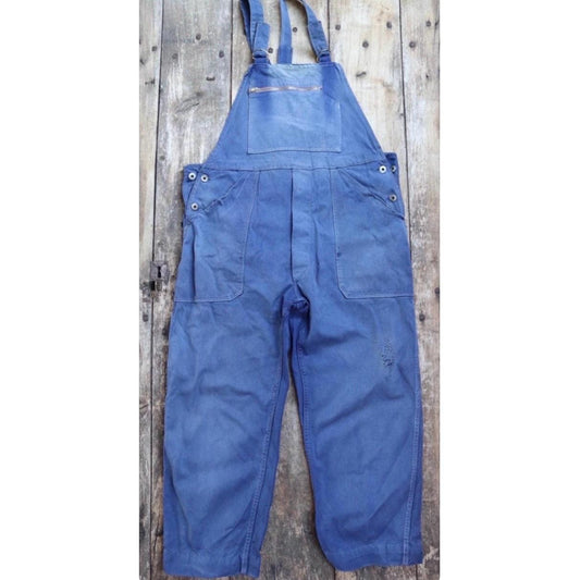 Vintage French workwear overalls - Le Mont St Michel dungarees - 1950s sun faded blue cotton twill - 41” x 26” - darned and repaired