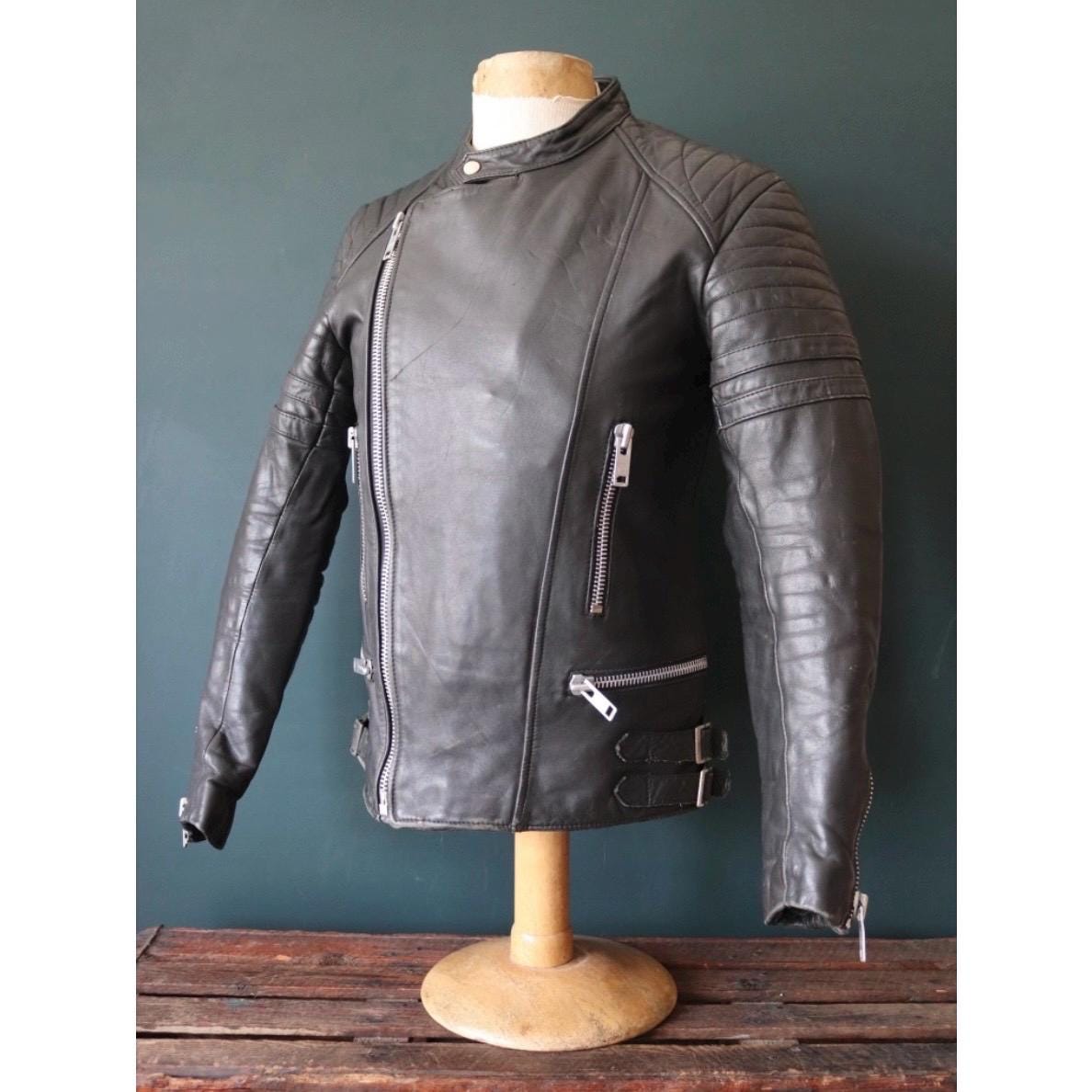 Vintage 1980s black leather jacket - cafe racer - 38” chest - motorcycle biker
