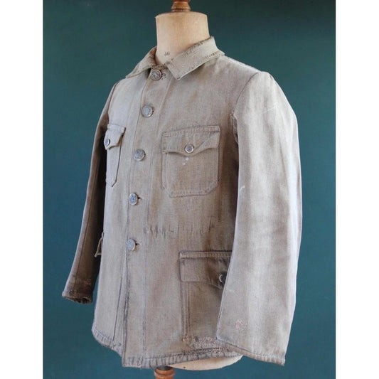 Vintage French workwear jacket - 1930s 40s grey velours - briarproof hunting coat - 42” chest - animal scene buttons