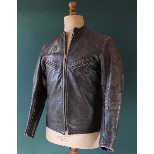 Vintage 1960s black leather biker jacket - cafe racer - Bates of California - 40” chest - motorcycle - original hand painted lucky 13 ace