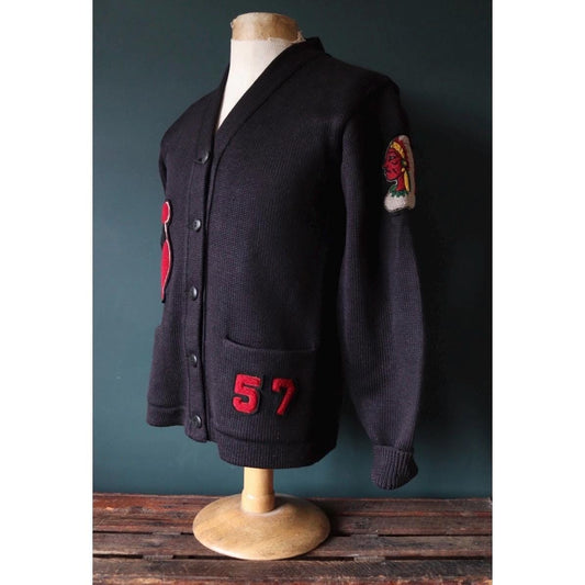 Vintage varsity sweater - 1950s American black wool cardigan - USA college jumper - Ivy League knitwear - chenille patch - 38” chest
