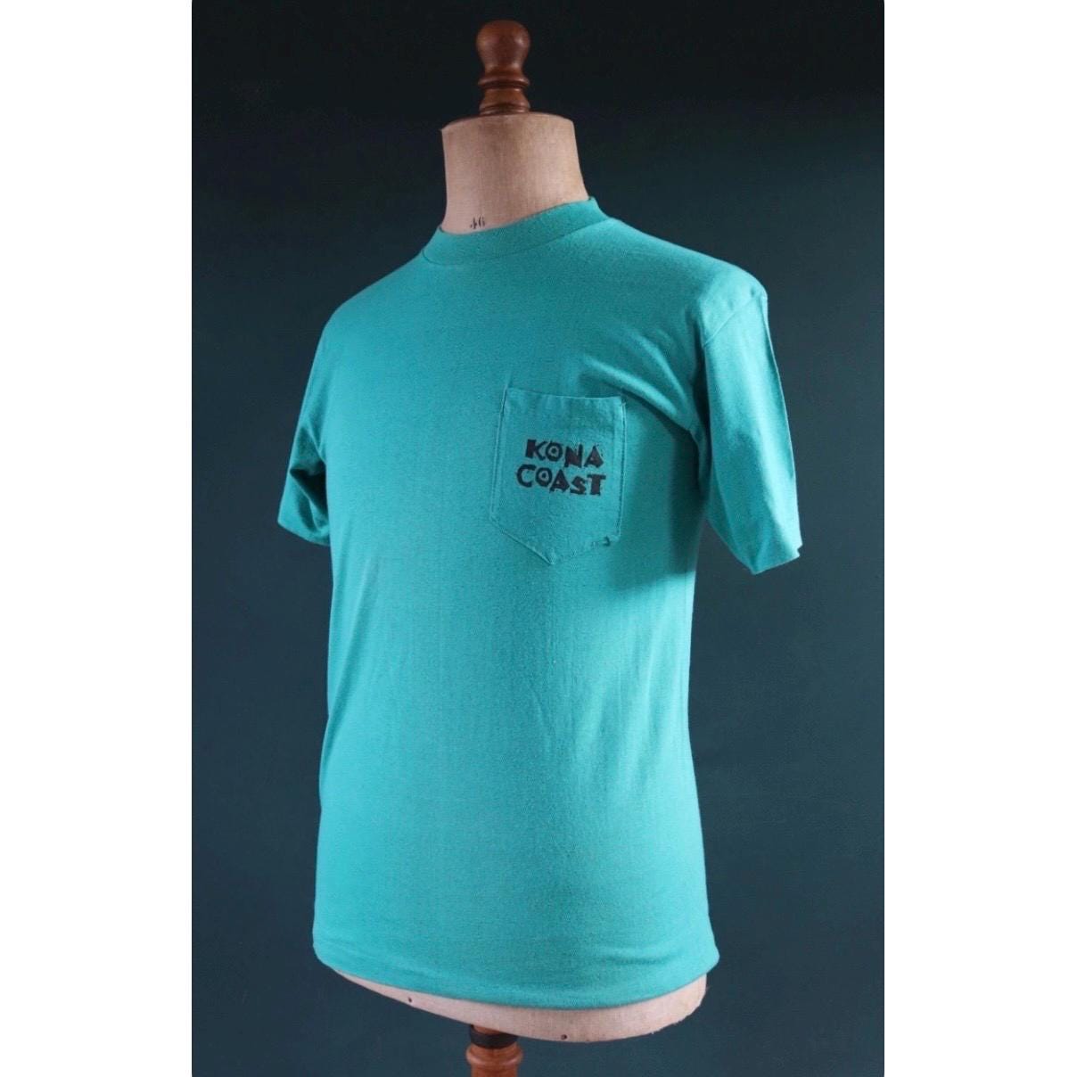 Vintage 1980s 90s surf t shirt - teal green - Kona Coast - palm tree print - sportswear - 38” chest