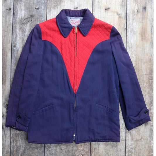Vintage 1950s gab jacket - red and blue rayon gabardine - Talon zipper - 38" chest - rockabilly mid century clothing