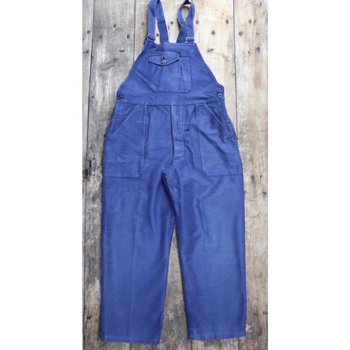 Vintage 1950s French workwear overalls - blue moleskin dungarees - 34" x 27"