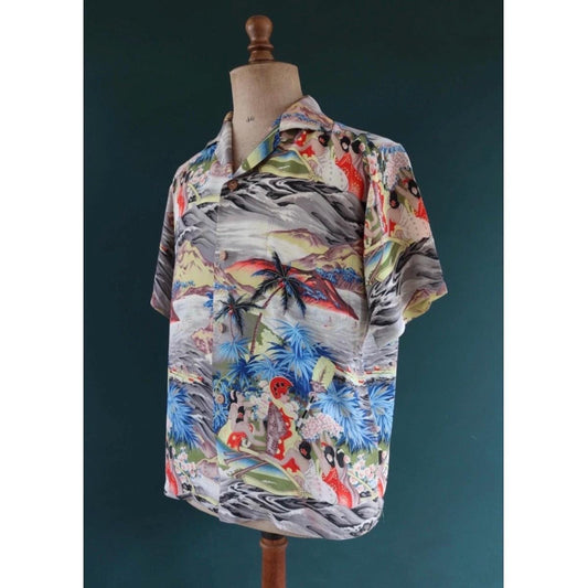 Vintage 1950s original Pali Hawaiian rayon shirt - Eugene Savage King Kamehameha volcano print - tiki Aloha - Universal World - 46” chest
