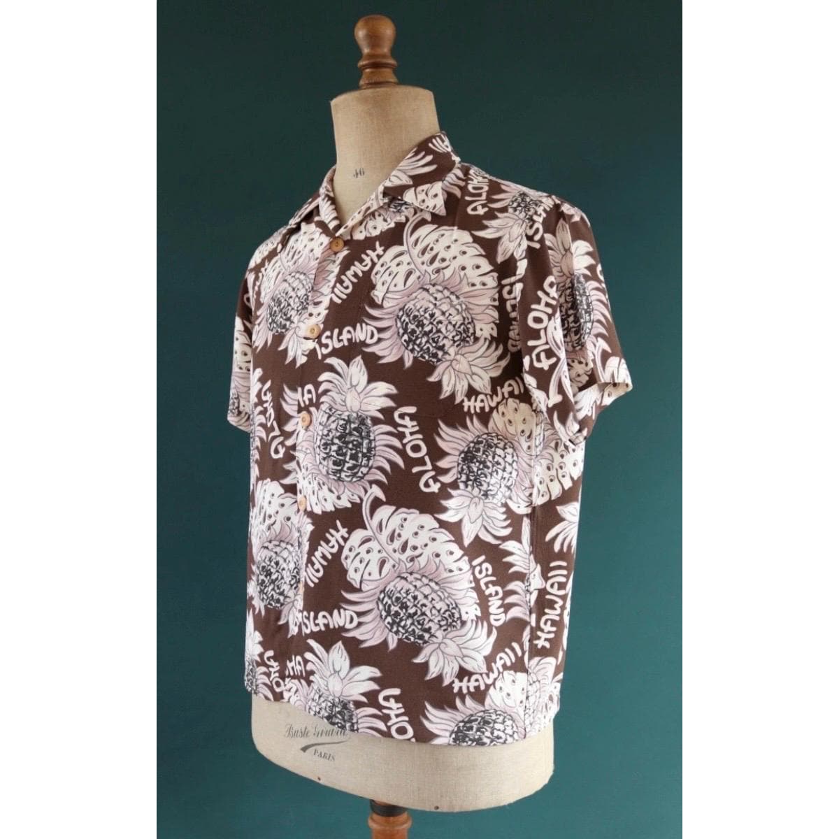 Vintage Edwin rayon Hawaiian shirt - reproduction - brown pink - pineapple print - tiki Aloha - 42” chest
