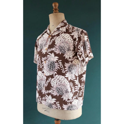 Vintage Edwin rayon Hawaiian shirt - reproduction - brown pink - pineapple print - tiki Aloha - 42” chest