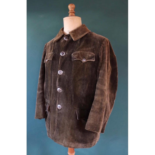 Vintage French velours workwear jacket - 1940s 50s brown corduroy hunting - 46” chest - venery scene buttons