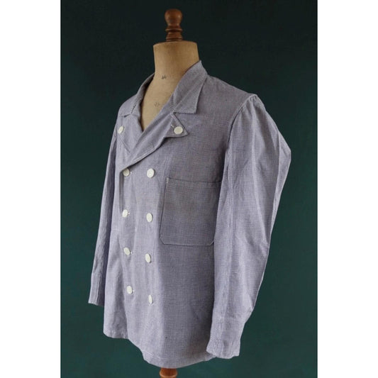Vintage French workwear jacket - 1960s 70s dogtooth check - butchers double breasted chore coat - 44" chest