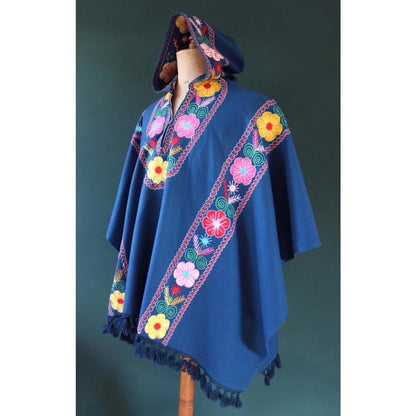 Vintage 1960s embroidered hippy poncho - hooded cape - blue wool cloak with tassels - Wooodstock