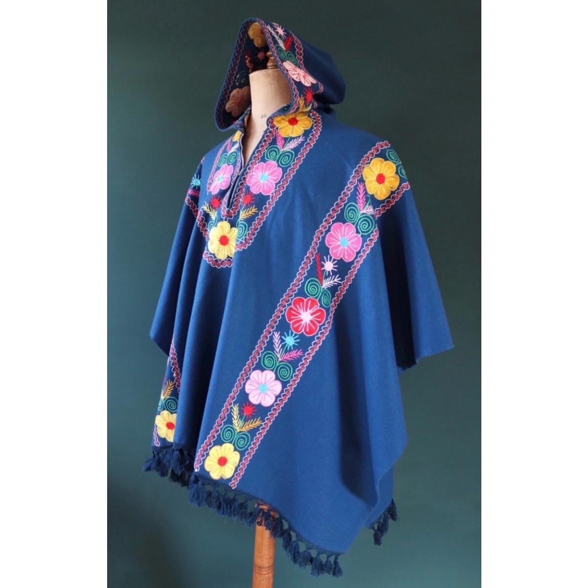 Vintage 1960s hippy poncho - hooded cape - blue wool cloak with tassels - Woodstock