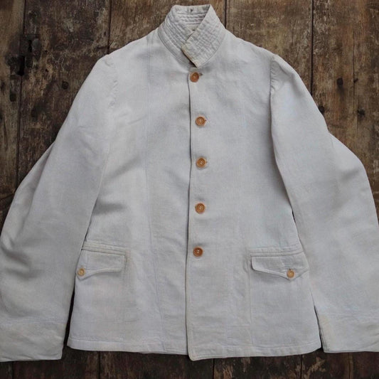 Antique WW1 French linen jacket - vintage military workwear - 1910s army bourgeron - 34” chest - ecru white herringbone