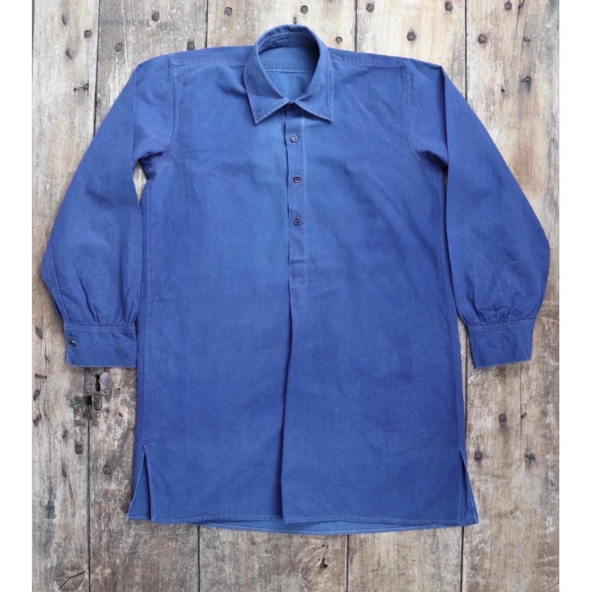 Vintage French workwear shirt - 1940s indigo blue cotton smock - 40” chest - sun faded