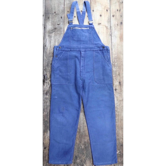 Vintage French workwear dungarees - 1960s moleskin overalls - bib and brace - 39” x 28” - bleu de travail - repaired and darned
