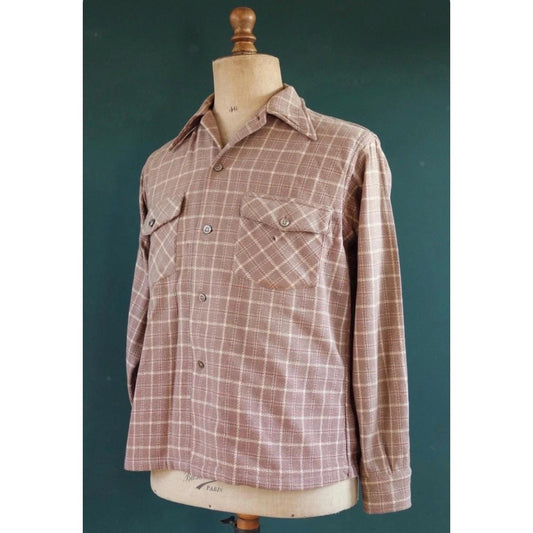 Vintage 1940s wool Arrow shirt - brown lavender heather plaid - 46” chest - swallowtail collar