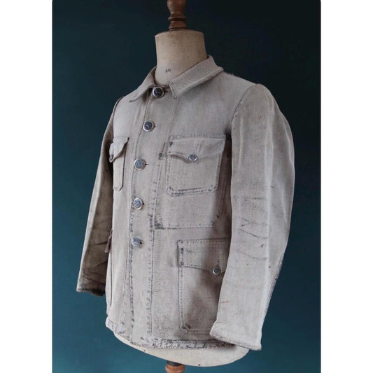 Vintage French hunting workwear jacket - 1930s 40s grey velours coat - 40” chest - animal scene buttons - darned