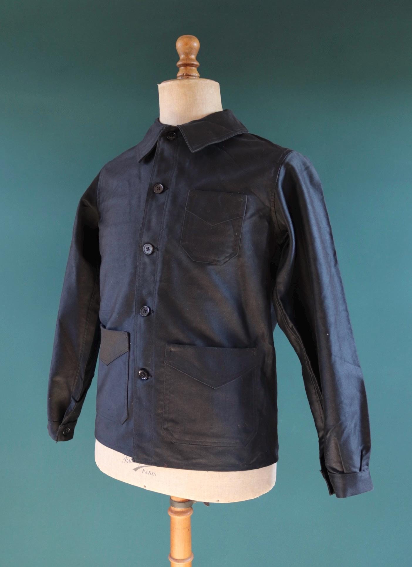 Vintage French black moleskin workwear jacket - 1940s 50s chore coat - deadstock - 41” chest