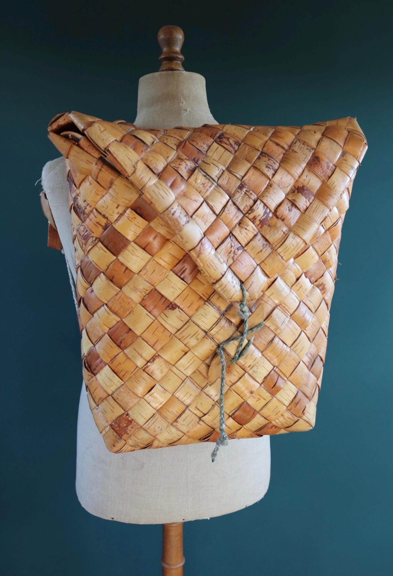Vintage Swedish woven birch bag - birch bark rucksack - folk art - traditional weaving