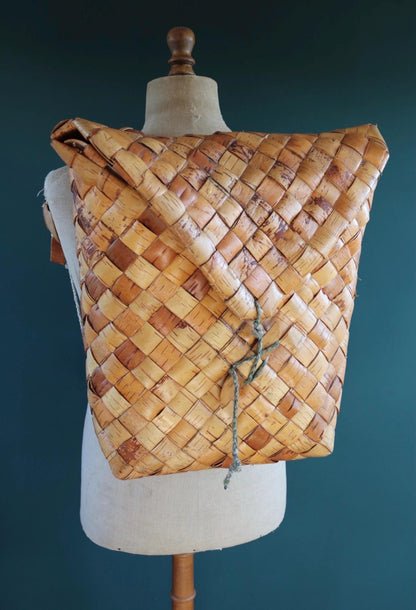 Vintage Swedish woven birch bag - birch bark rucksack - folk art - traditional weaving