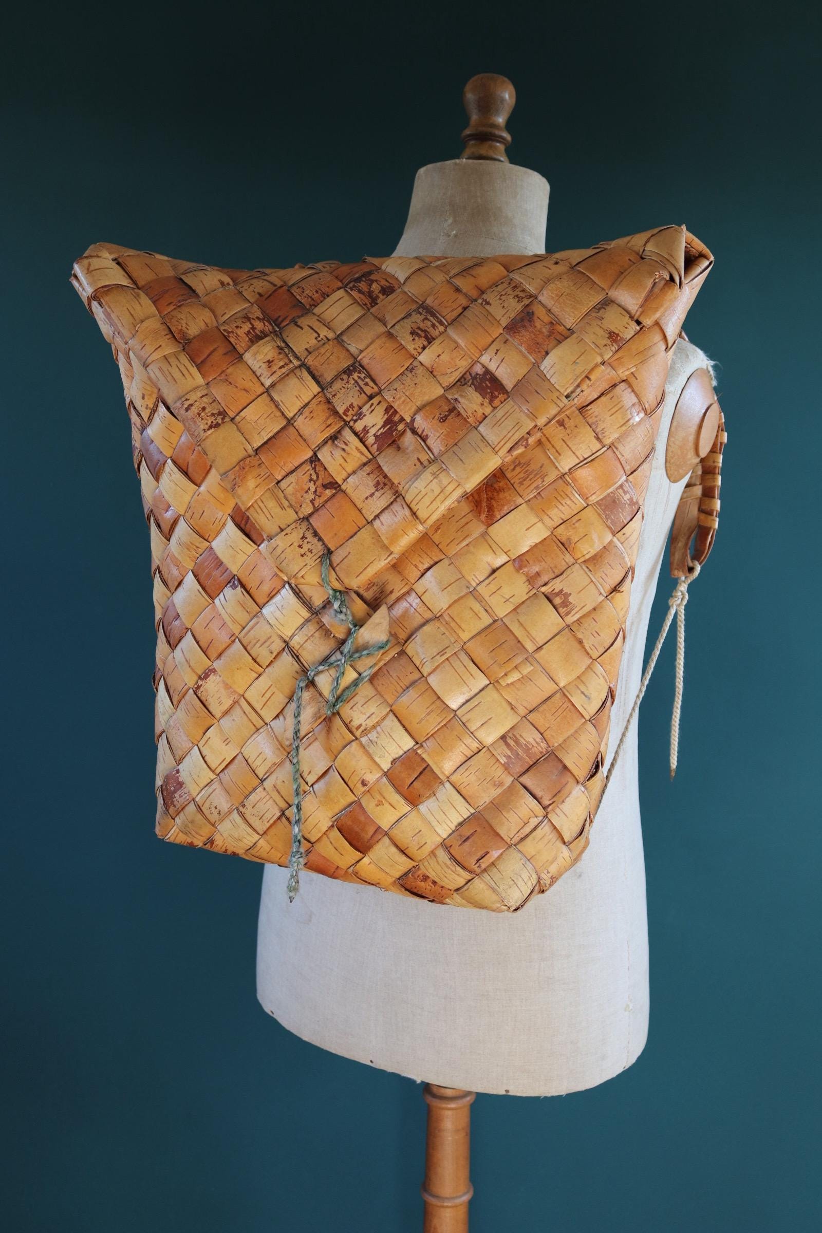 Vintage Swedish woven birch bag - birch bark rucksack - folk art - traditional weaving