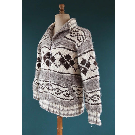 Vintage 1970s 80s Cowichan wool cardigan - hand knitted - chunky winter sweater - 40" chest