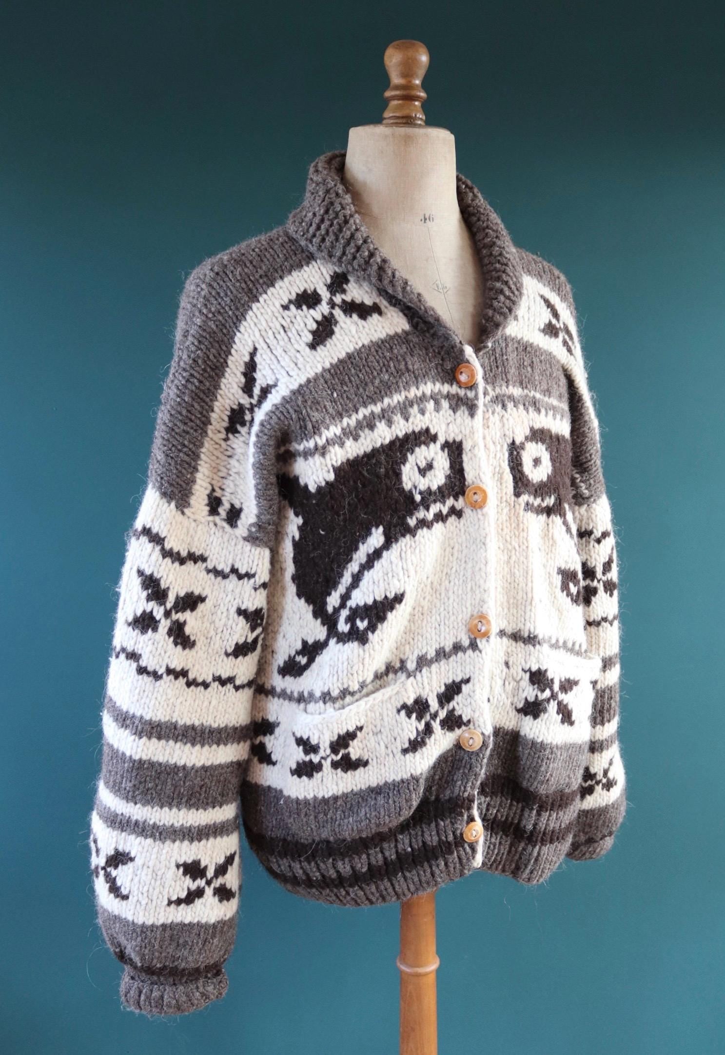 Vintage 1980s Cowichan wool cardigan - hand knitted - chunky winter sweater - 48" chest