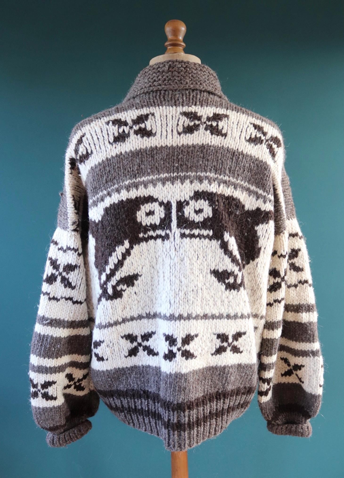 Vintage 1980s Cowichan wool cardigan - hand knitted - chunky winter sweater - 48" chest