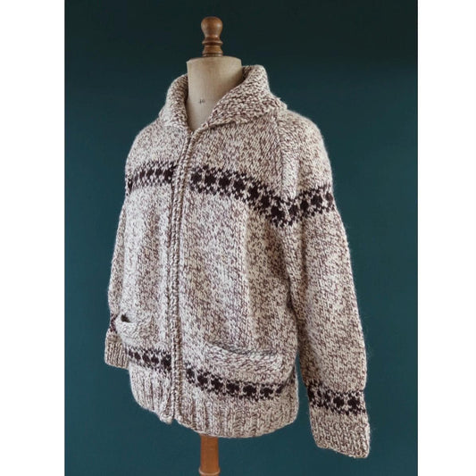 Vintage 1960s Cowichan wool cardigan - hand knitted - chunky winter sweater - 46" chest