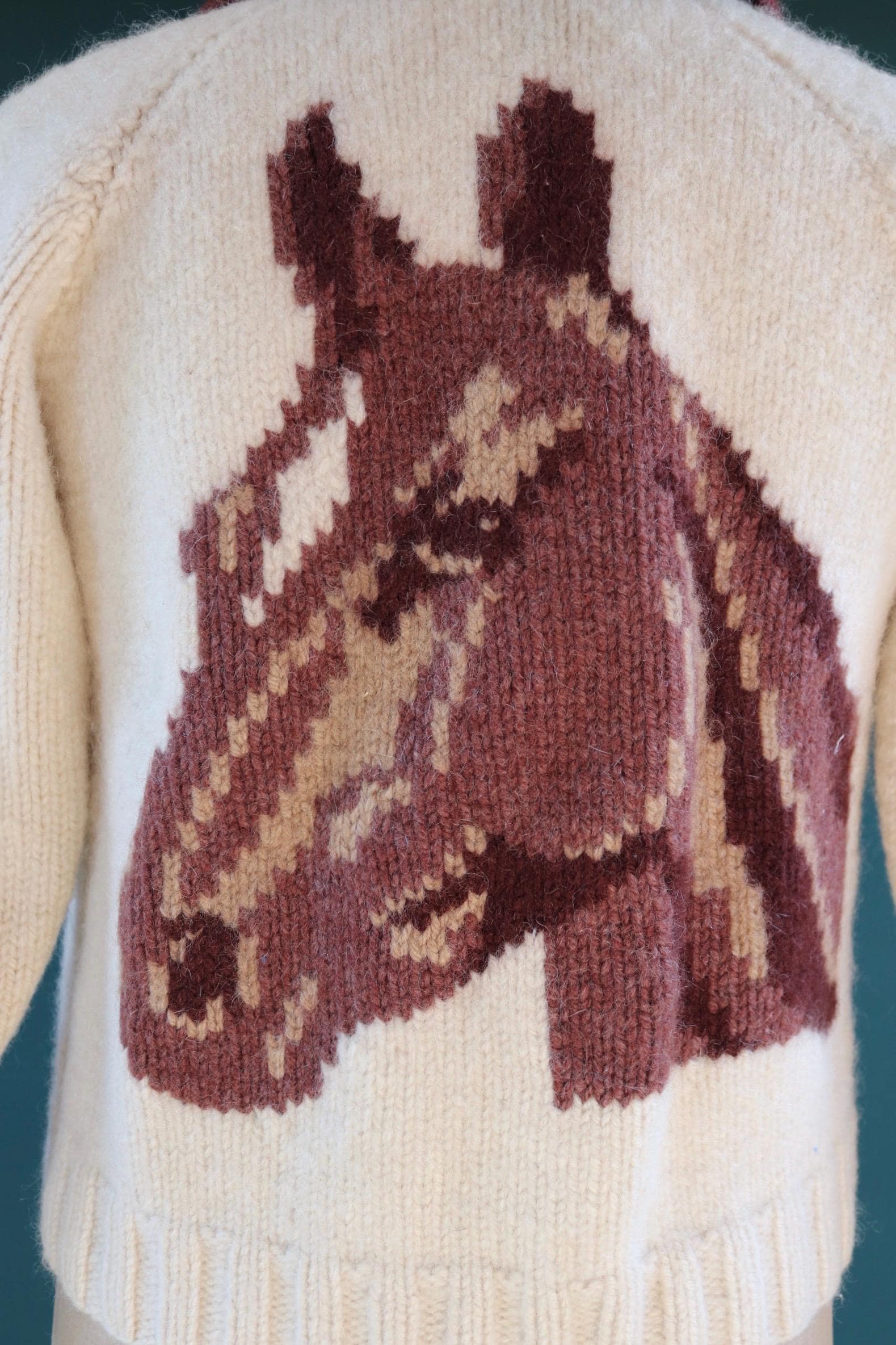 Vintage 1970s novelty hand knitted cardigan - horse design - Mary Maxim - cowichan sweater - 42” chest