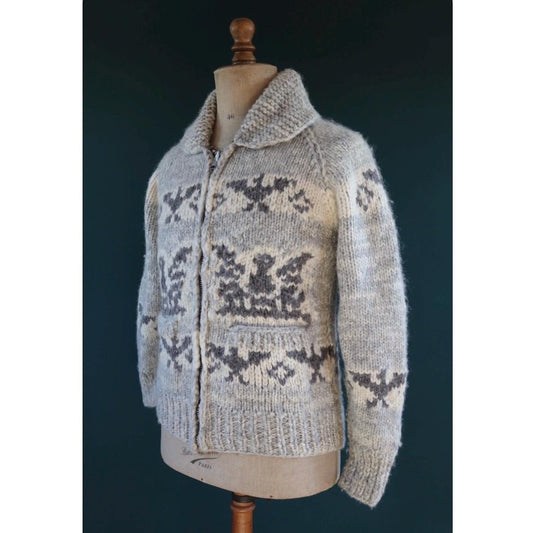 Vintage 1980s Tuak cowichan sweater - chunky wool cardigan - hand knitted jumper - Thunderbird design - 36” chest
