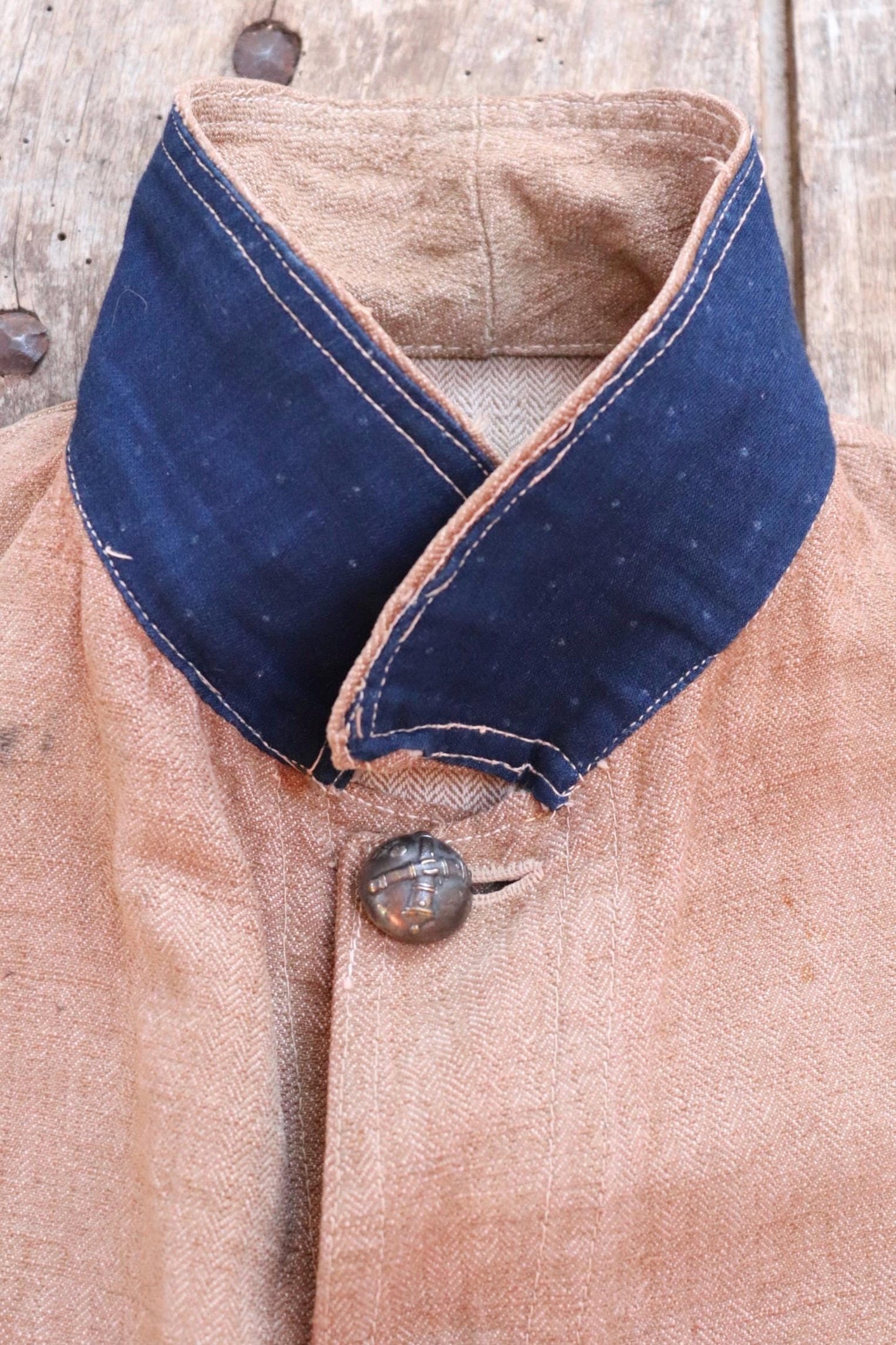 Antique 1800s French workwear jacket - 1900s herringbone linen - military bourgeron - hand repaired - 34” chest