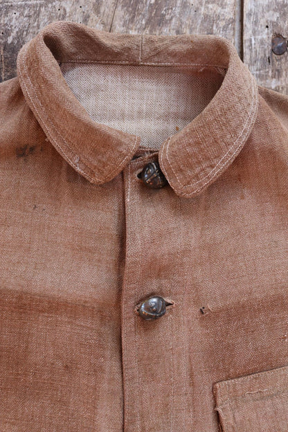 Antique 1800s French workwear jacket - 1900s herringbone linen - military bourgeron - hand repaired - 34” chest