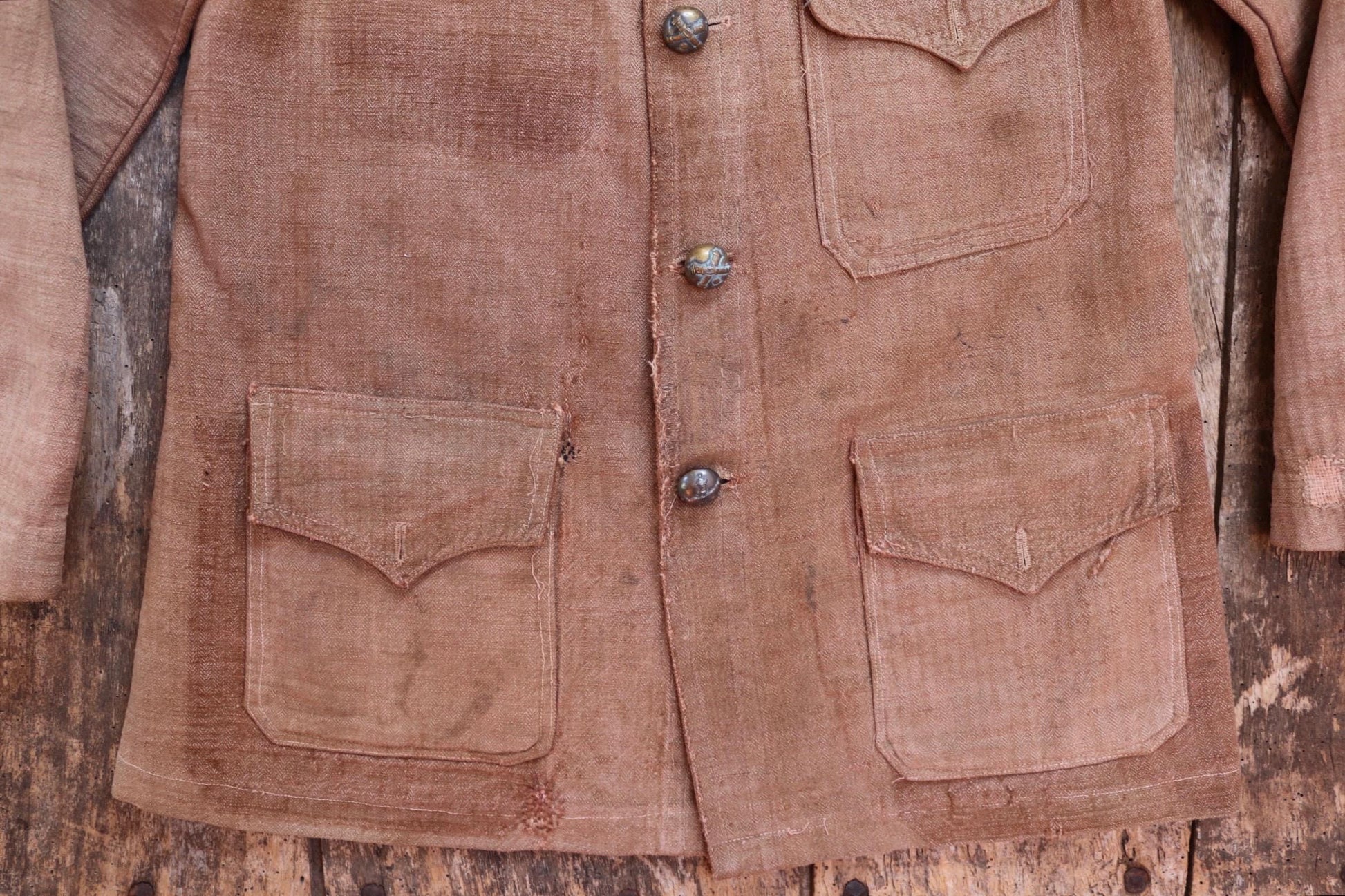 Antique 1800s French workwear jacket - 1900s herringbone linen - military bourgeron - hand repaired - 34” chest
