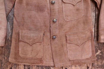 Antique 1800s French workwear jacket - 1900s herringbone linen - military bourgeron - hand repaired - 34” chest