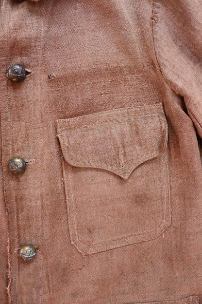 Antique 1800s French workwear jacket - 1900s herringbone linen - military bourgeron - hand repaired - 34” chest