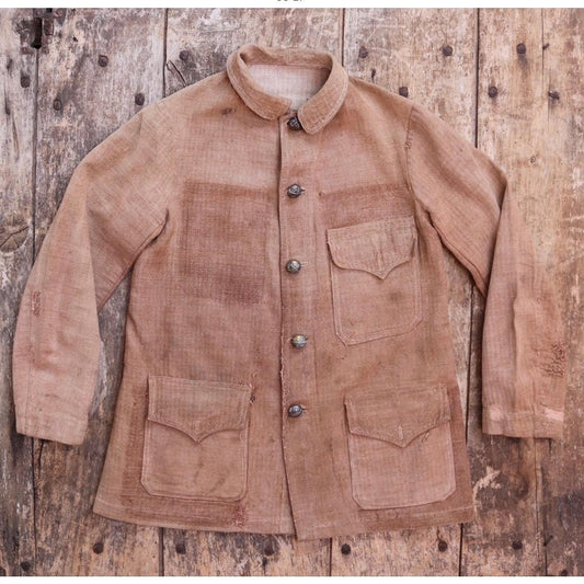 Antique 1800s French workwear jacket - 1900s herringbone linen - military bourgeron - hand repaired - 34” chest