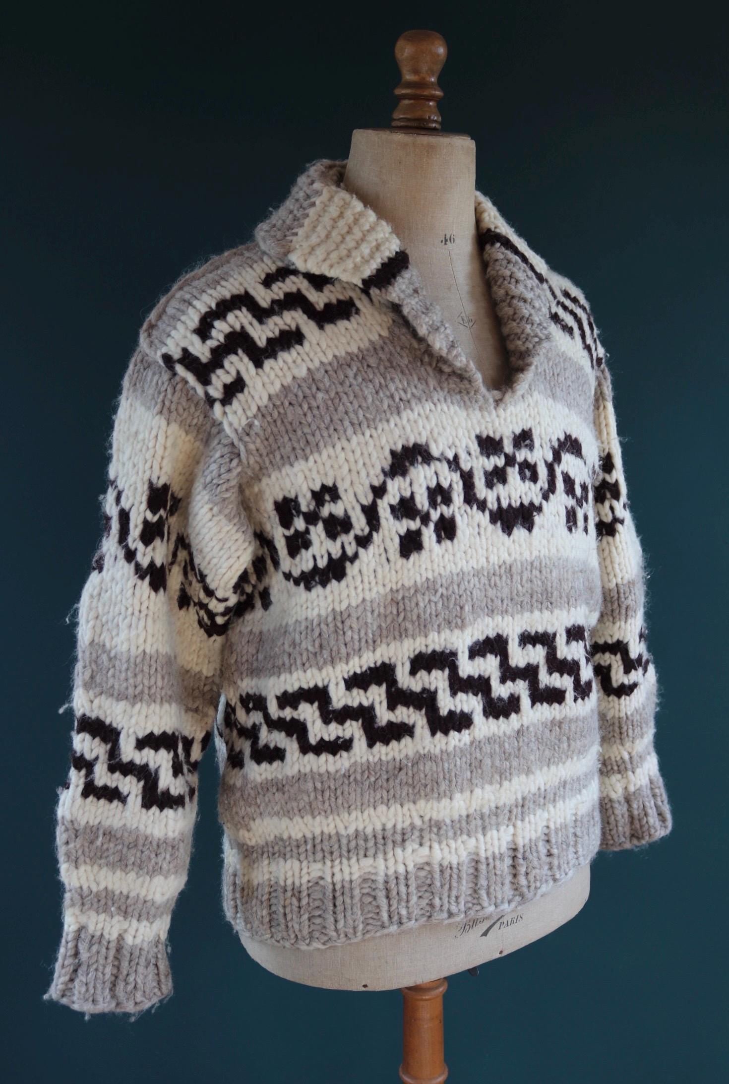 Vintage 1970s cowichan sweater - chunky wool jumper - hand knitted - shawl collar - 46” chest