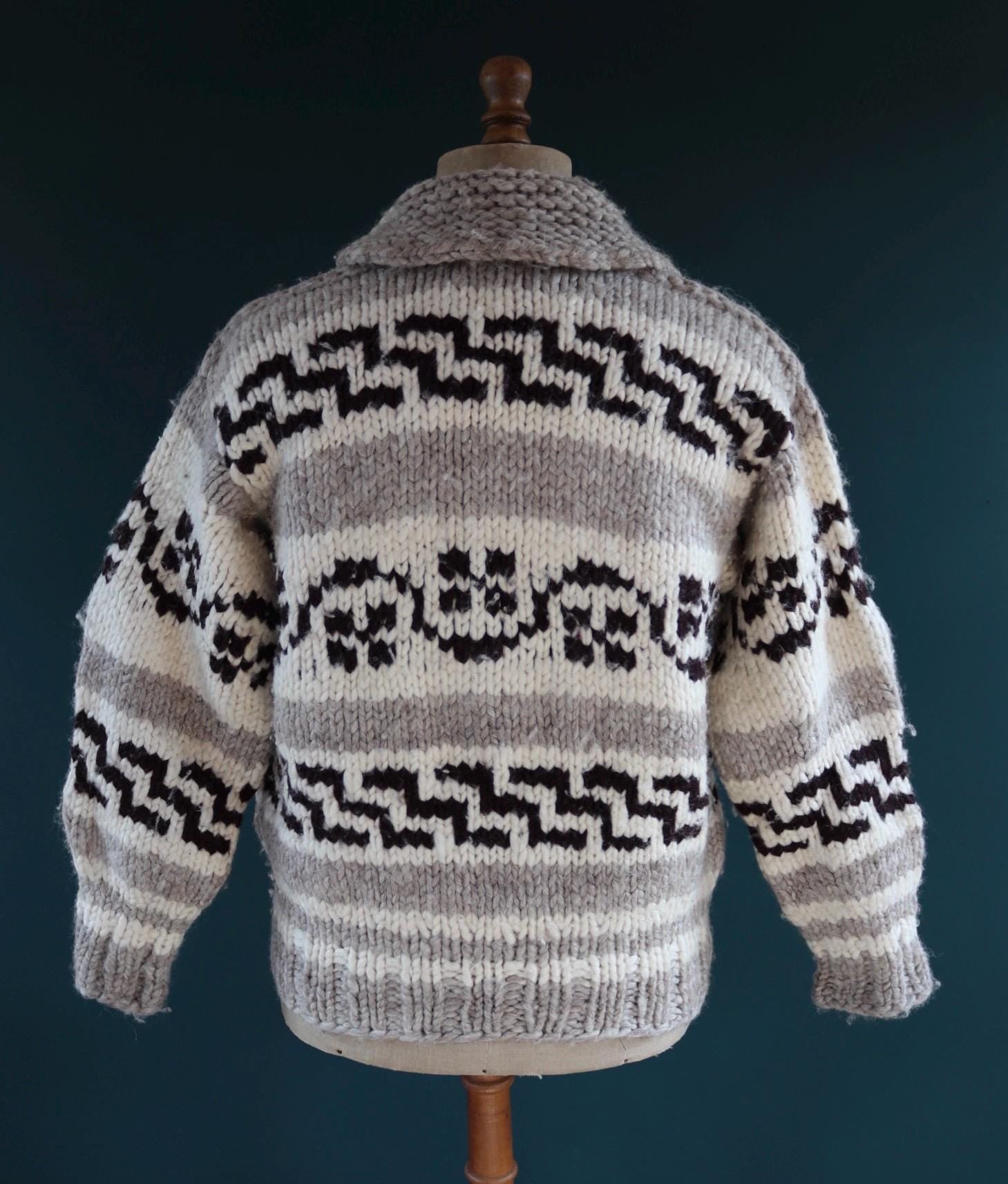 Vintage 1970s cowichan sweater - chunky wool jumper - hand knitted - shawl collar - 46” chest