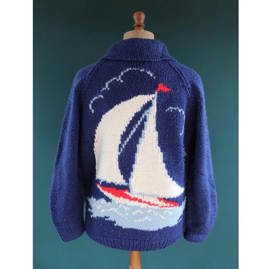 Vintage 1970s novelty acrylic cowichan sweater - sailing boat design - shawl collar - 44” chest
