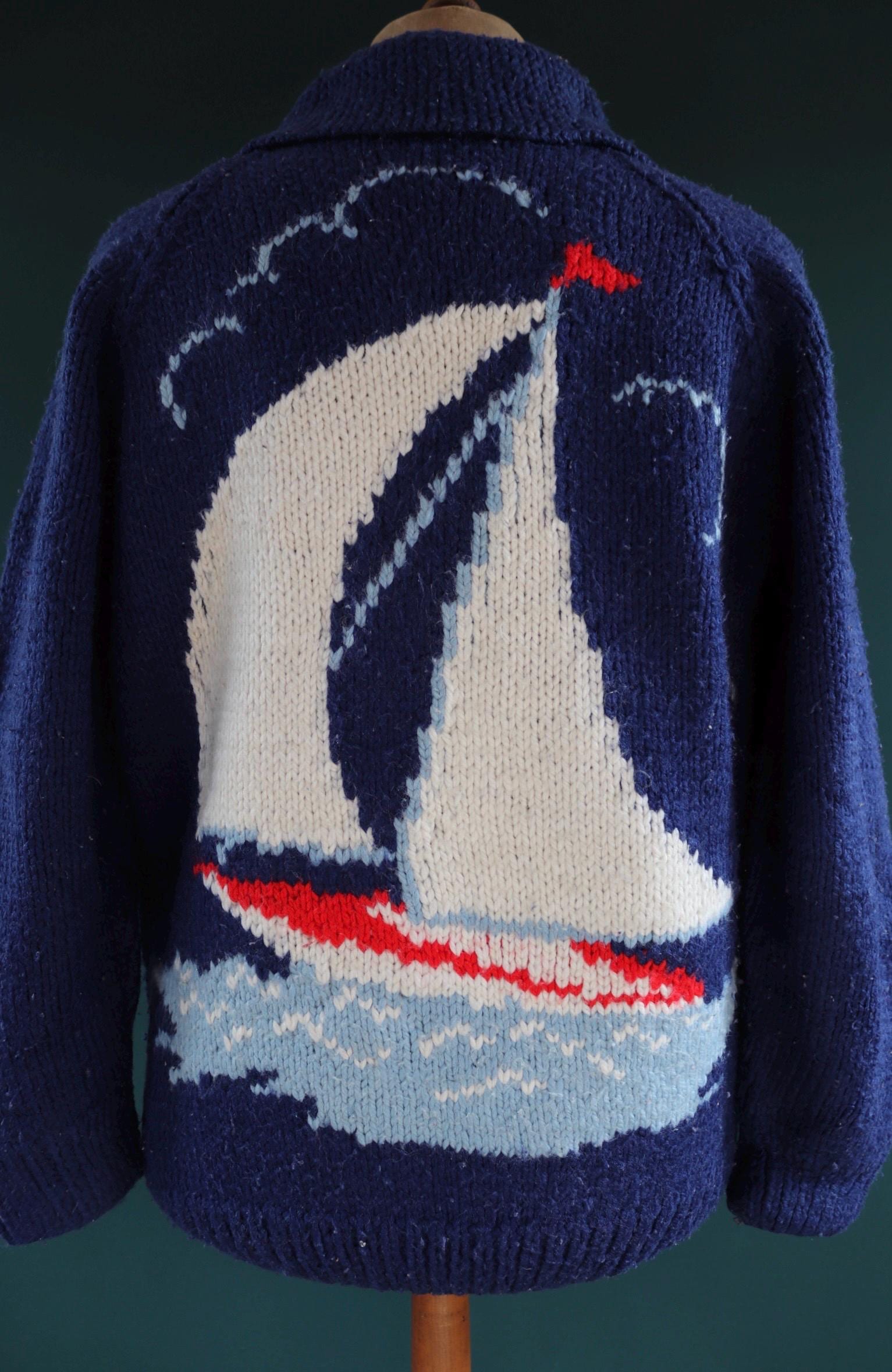 Vintage 1970s novelty acrylic cowichan sweater - sailing boat design - shawl collar - 44” chest