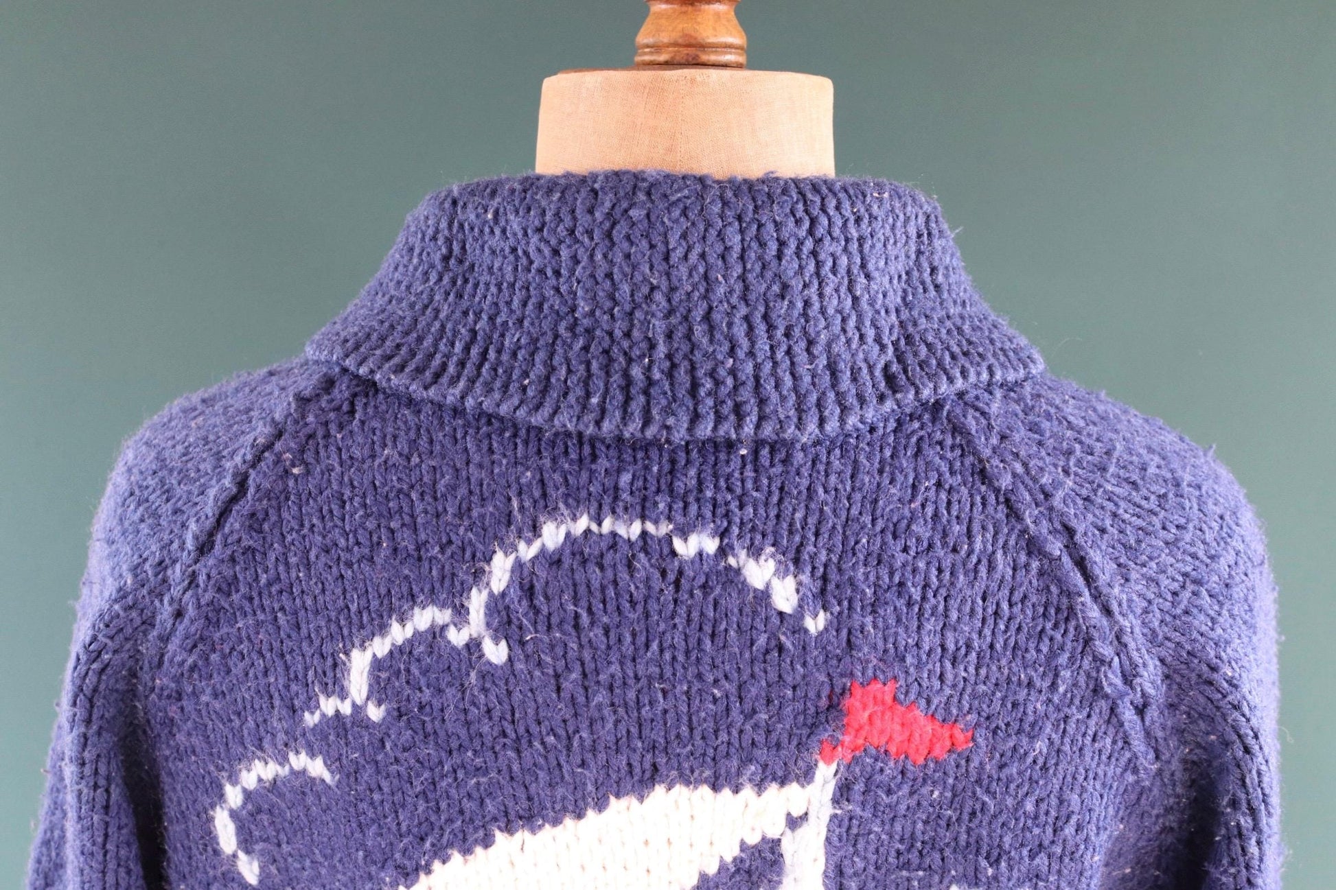 Vintage 1970s novelty acrylic cowichan sweater - sailing boat design - shawl collar - 44” chest