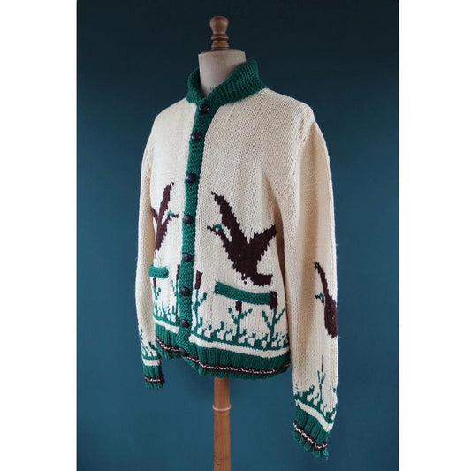 Vintage 1970s novelty cowichan sweater - duck design - shawl collar - 46” chest