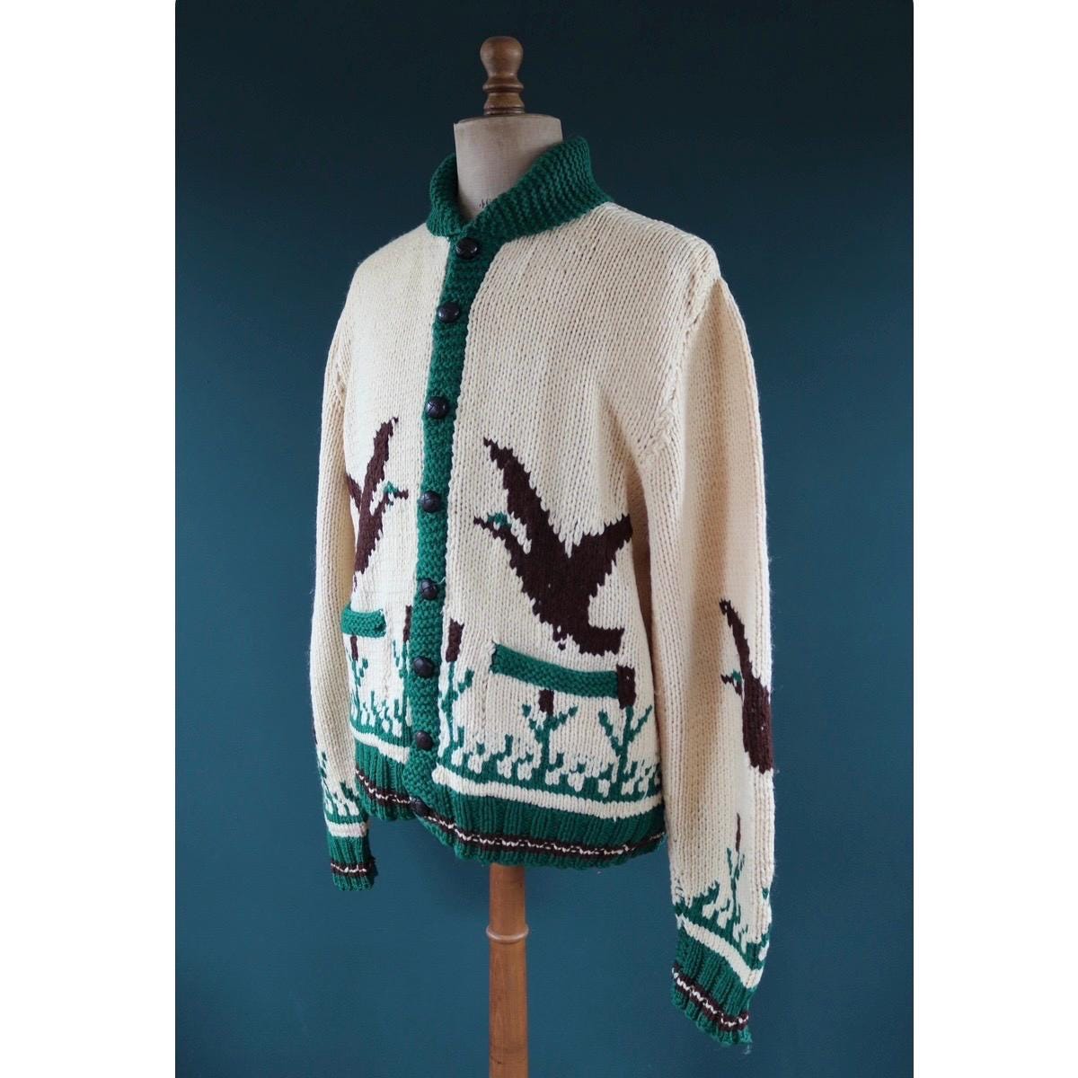 Vintage 1970s novelty cowichan sweater - duck design - shawl collar - 46” chest