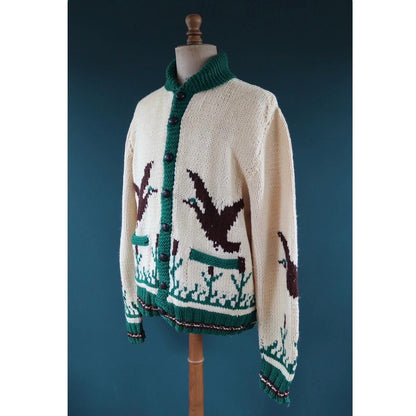 Vintage 1970s novelty cowichan sweater - duck design - shawl collar - 46” chest