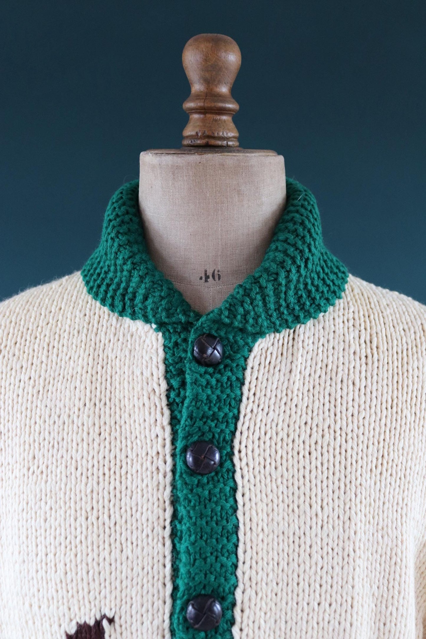 Vintage 1970s novelty cowichan sweater - duck design - shawl collar - 46” chest