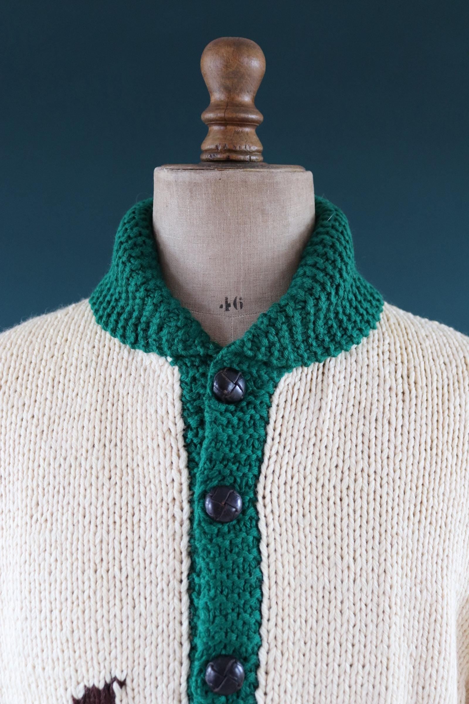 Vintage 1970s novelty cowichan sweater - duck design - shawl collar - 46” chest