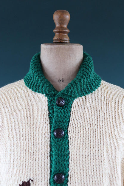 Vintage 1970s novelty cowichan sweater - duck design - shawl collar - 46” chest