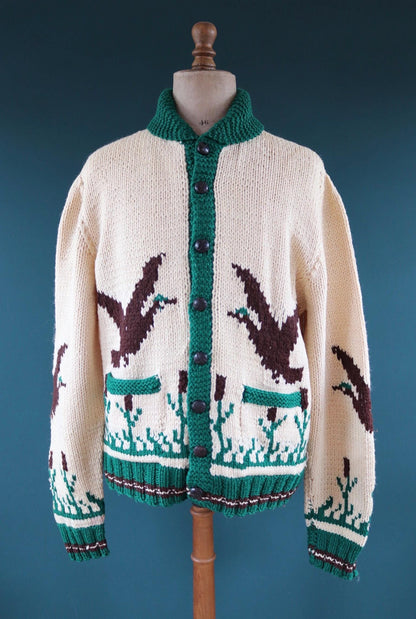 Vintage 1970s novelty cowichan sweater - duck design - shawl collar - 46” chest