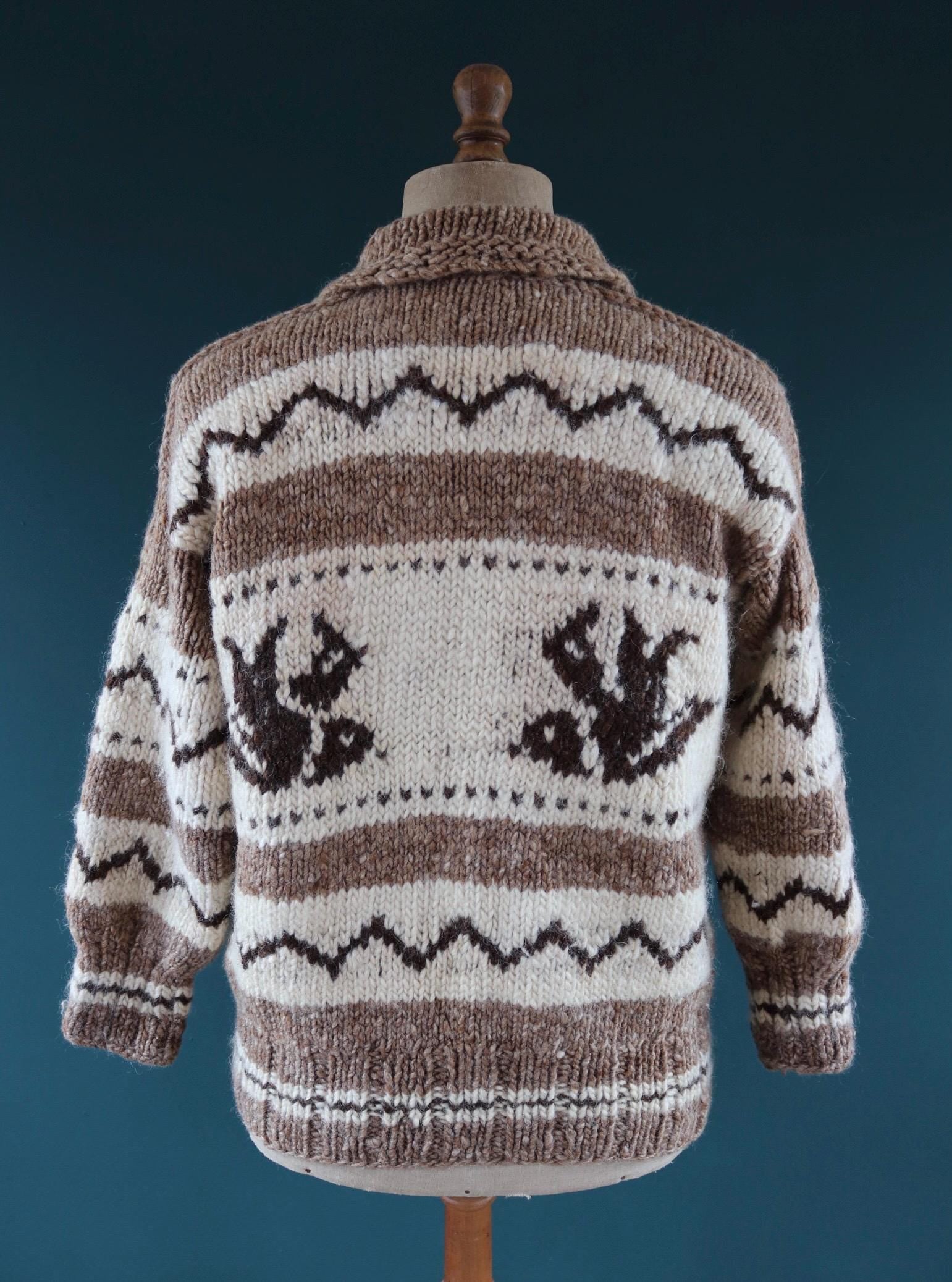 Vintage 1970s cowichan sweater - chunky wool jumper - hand knitted - shawl collar - 46” chest