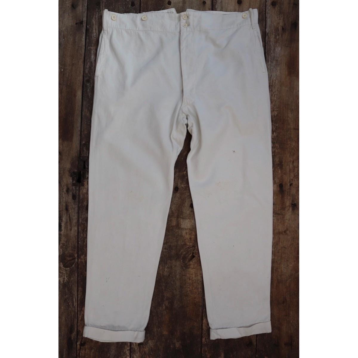 Vintage 1920s French white cotton trousers - 1930s buckle back pants - 42” x 31”